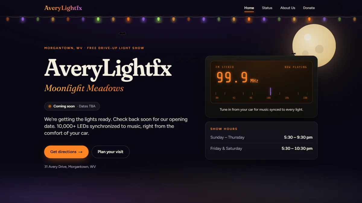 Avery Light FX — Halloween light show site with show hours and the FM station for music